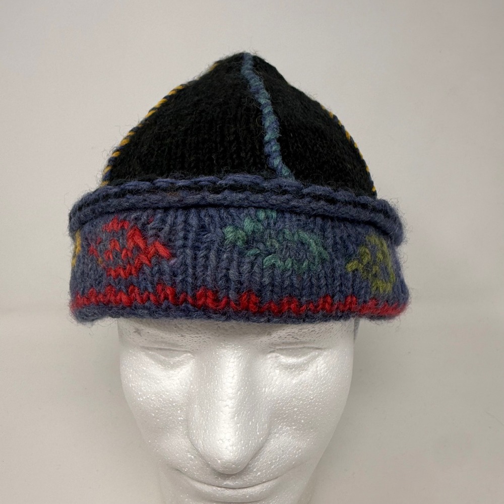 Icelandic Design Newari Wool Beanie Hat Handcrafted Nepal Sun Pattern Black Blue